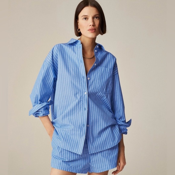NWT J. Crew Étienne OVERSIZED shirt in striped Blue & White Cotton Poplin, XS - Picture 2 of 14